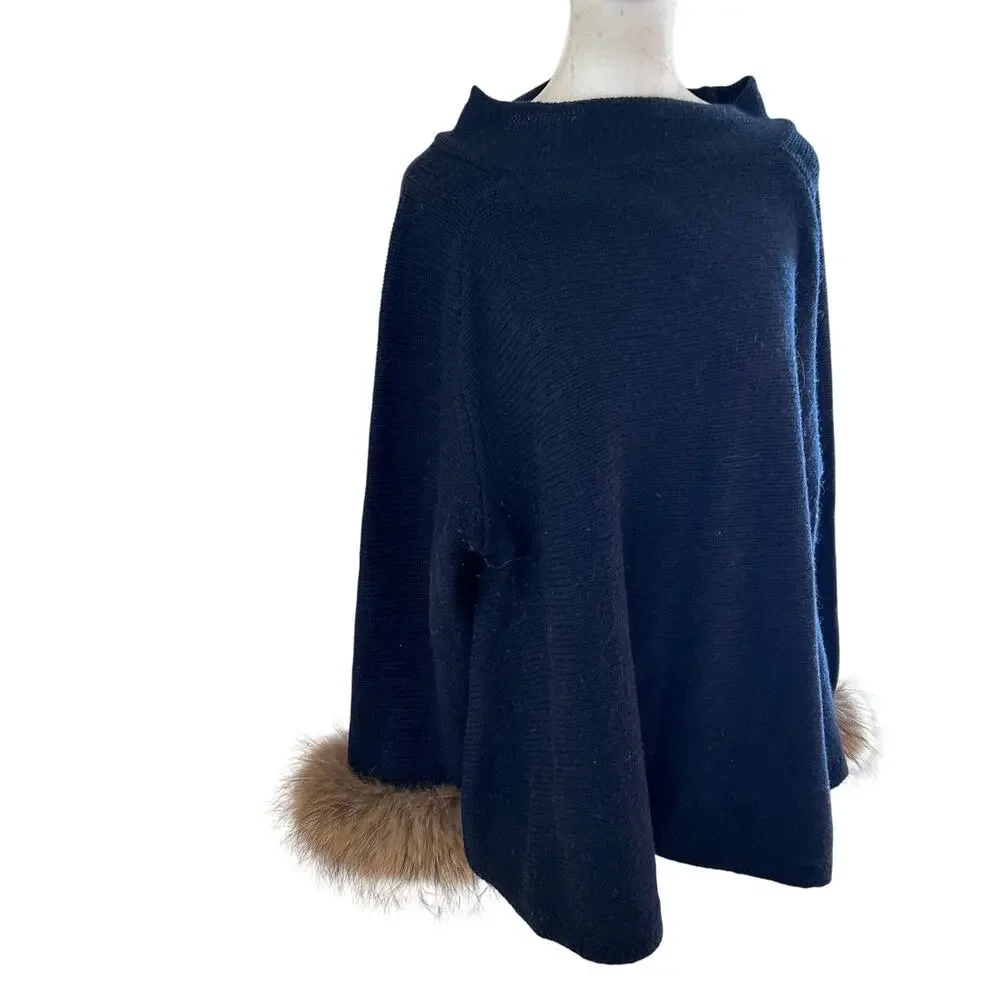 Muche et Muchette Navy Blue Turtleneck Sweater Raccoon Fur Cuffs Womens One Size